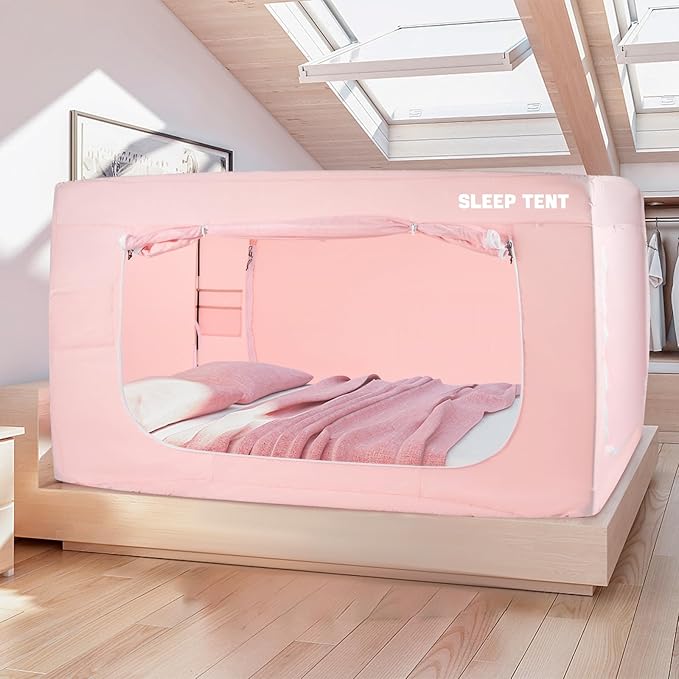 BORNA Bed Tent Twin Bed Canopy for Indoor Portable Light Reducing Sleeping Canopy for Kids and Adult,Bunk Blackout Tents Breathable Privacy Space Tent Mosquito Netting for Bed(Macaron Pink)