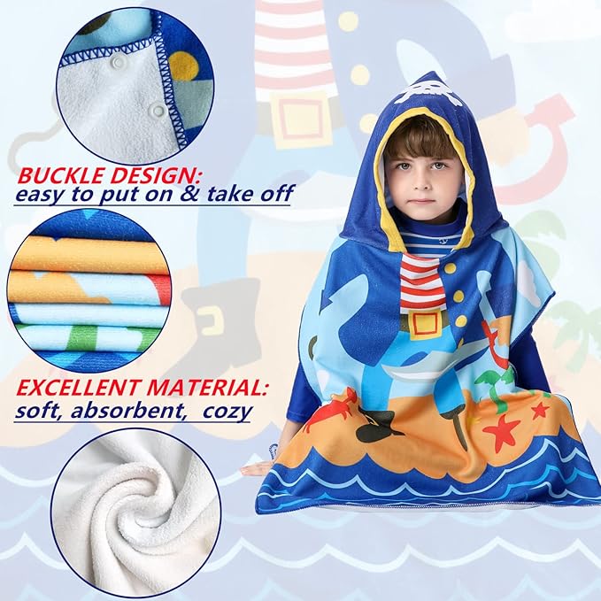 Children Hooded Beach Towel Toddler Boys Bath/Pool/Swim Poncho Cover-ups Swimwear, Pirate Theme