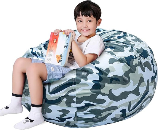 Lukeight Stuffed Animal Storage Bean Bag Chair Cover for Kids, Zipper Beanbag Chair Cover for Organizing Toddler and Kids' Rooms Plush Toys (Camo Velvet, Large)