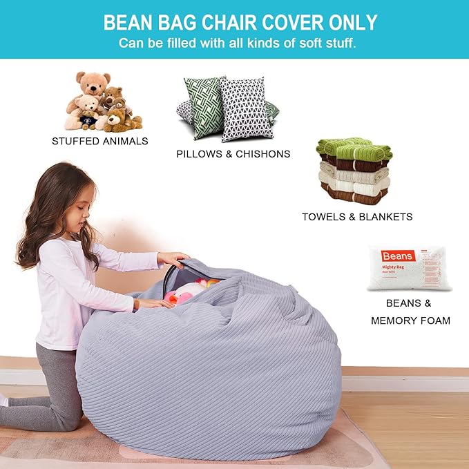 Stuffed Animal Storage Bean Bag Chair Cover for Kids, 38" Beanbag Chairs Cover Plush Toys Organizer Super Soft Corduroy with Handle and Zipper for Boys and Girls - Grey