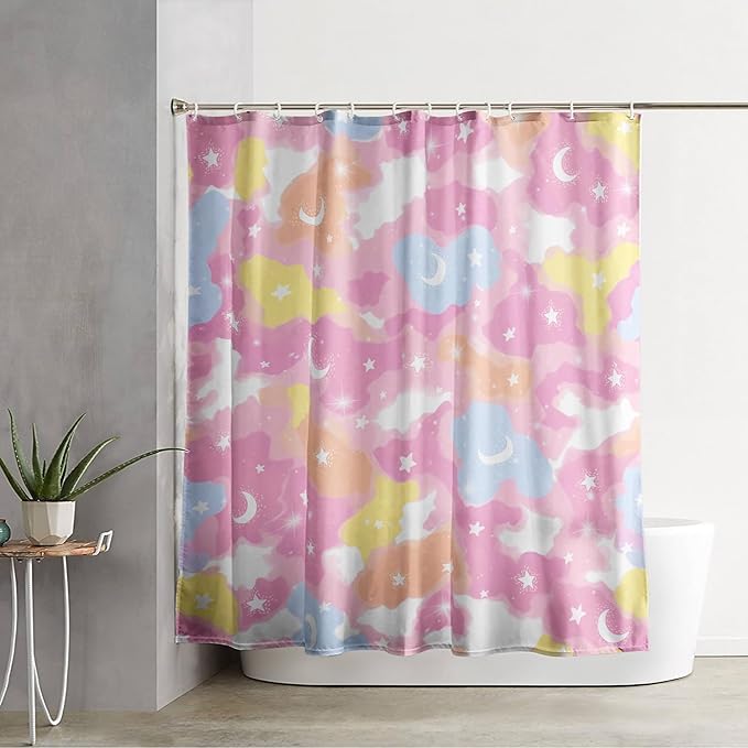 AILONEN Pink Galaxy Shower Curtain,Star and Moon Theme Bathroom Shower Curtain for Girls Kids Teens, 72" W*84" H Colorful Starry Sky Shower Curtain for Bathroom