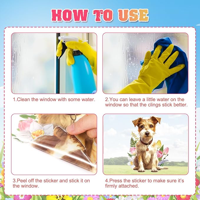 HOWAF Spring is in The Air Tulip Flowers Window Clings Stickers,9 Sheets Hello Spring Floral Butterfly Truck Cart Wall Glass Stickers Decal Decorations, Spring Cat Dog Theme Window Decals