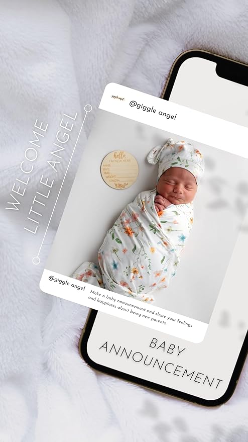 Baby Receiving Blanket Swaddle Blanket Infant Wrap with Matching Headband Beanie and Name Card (Green Leaf Flower)