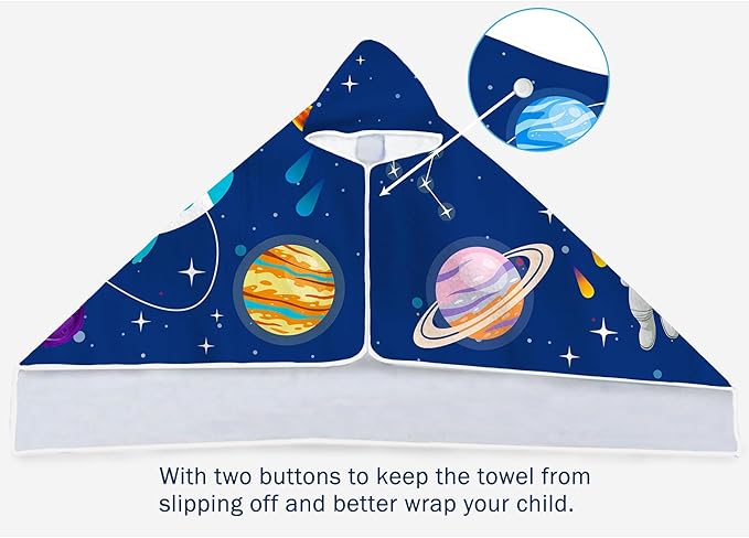 Spaceman Hooded Beach Towel for Kids, Cute Space Man Bath Towel with Hood, Boy Microfiber Super Absorbent Soft Poncho Bathrobe for Swin Pool 30" x 50”