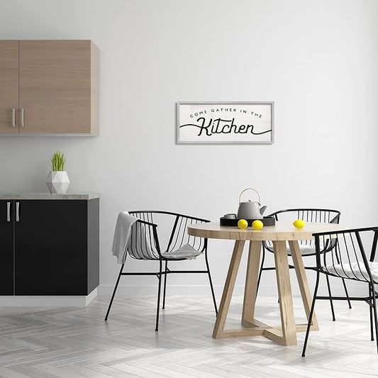 Stupell Industries Come Gather in The Kitchen Sign Family Charm, Designed by Daphne Polselli Gray Framed Wall Art, 10 x 24, Off- White