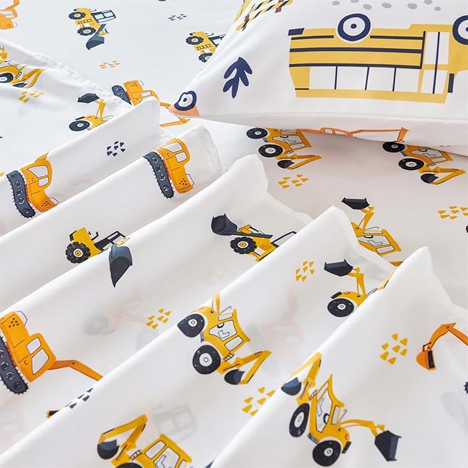 RYNGHIPY Full Sheets Set Kids Boys: Construction Excavator Bed Sheet Set for Toddler Children - Deep Pocket Wrinkle Free Bedding Set (White Yellow,Full)