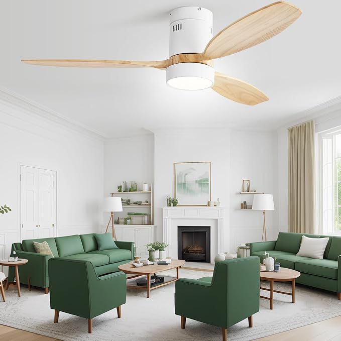 Sofucor 52 Inch Low Profile Ceiling Fan with Lights Remote Control Wood Blades Reversible DC Motor Modern Ceiling Fan for Kitchen, Bedroom, Basement, Dining, Living Room, Light Wood