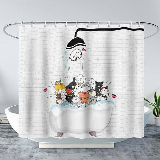 AILONEN Cute Cats Shower Curtain for Kids 60" W*72" H Inch,Kawaii Hilarious Funny Cat Pet Playing Water Shower Curtain,12 Pack Hooks Polyester Waterproof Fabric Decor for Bathroom Bathtub Panels