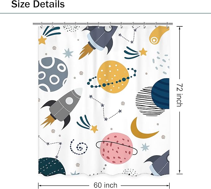 Kids Boys Space Shower Curtain 60Wx72L Inch Cute Cartoon Pink Planet Universe Funny Galaxy Rocket Star Moon Girl Cosmos Lovely Nursery Bathroom Set Bath Curtain Bathtub Accessories Home Decor