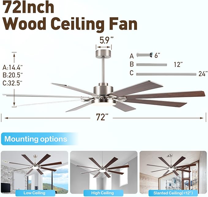 72 inch Large Ceiling Fans with Lights and Remote,Brushed Nickel Modern Indoor & Outdoor Ceiling Fan for Living Room,Patio,6 Speed Reversible Quiet DC Motor,3 CCT,Dual Finish 8 Wooden Blades