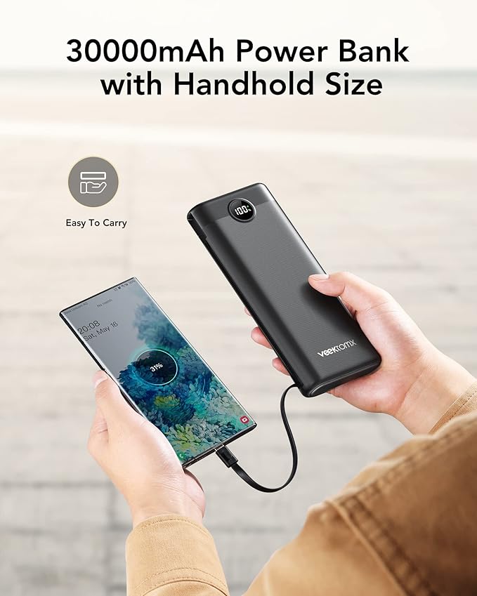VEEKTOMX Power Bank 30000mAh, 22.5W Fast Charging Portable Charger built in cables, USB C Battery Pack, External Travel Battery Bank Compatible with iPhone, Samsung, Android Devices for Travel(1 Pack)