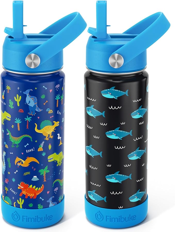 Fimibuke Kids Insulated Water Bottle - 18oz BPA-FREE Kids Cups with Straw Double Wall Vacuum Tumbler 18/8 Stainless Steel Leak Proof Toddler Water Bottle for School Boys Girls (2 Pack, Dinosaur/Shark)
