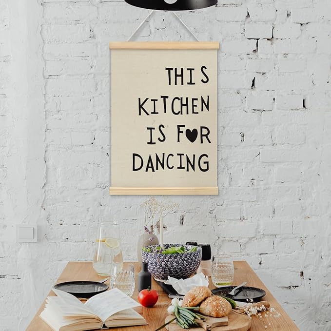 BIWSHA Cute Kitchen Canvas Poster Framed Hanger 12x16 Inch, Funny Black Kitchen Quotes Decor This Kitchen Is For Dancing Poster Framed with Wood Hanger,Kitchen Dining Room Decor