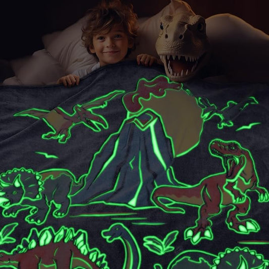 Glow in The Dark Dinosaur Blanket Toddler Boy Kids Dino Present Gifts Soft Fuzzy Fleece Throw Blanket Decorations for Couch Sofa Bedroom