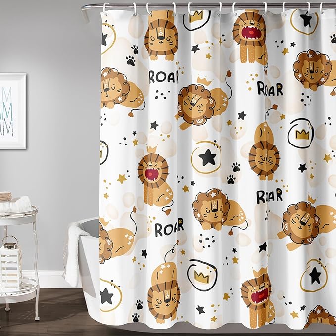 AILONEN Cute Lion Shower Curtain for Bathroom, Children Kwwaii Animal Bathroom Curtain Decor,Printed Bath Curtain for Boys Girls 60" W*72" H Polyester Waterproof Bathroom Curtain with 12 Hooks