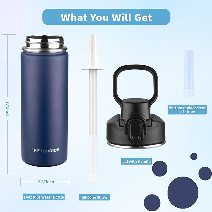 Insulated water bottle with Straw,18oz Stainless Steel Water Bottle for Adult Kids,Double Wall Vacuum Wide Mouth Insulated Water Bottle for School,BPA-free and Leak-proofοΌ18oz,Navy blueοΌ