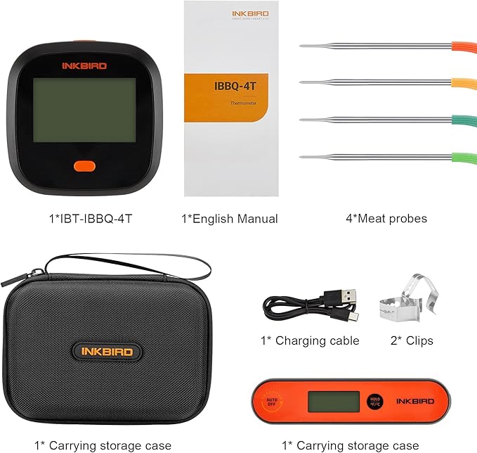 Inkbird WiFi Grill Thermometer IBBQ-4T & Instant Read Thermometer IHT-1P & Carrying Case, Meat Thermometer for Oven, Smoker, Cooking with Alarm Timer Graph, Rechargeable 4 Colorful Probes