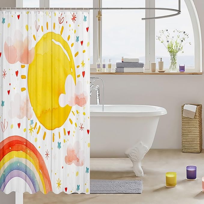 Feelyou Boys Girls Rainbow Shower Curtain Sun Bath Curtain Colorful Bathroom Shower Curtain Set Kids Cute Cartoon Teens Bathroom Accessories Room Decor 72"x72"