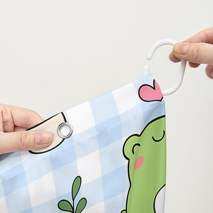 AILONEN Kawaii Frog Shower Curtain,Cute Cartoon Mushroom Frog Bath Curtain,Romantic Frog Couple Hearts Printed Waterproof Blue Stripe Curtain, 72" W x 72" H
