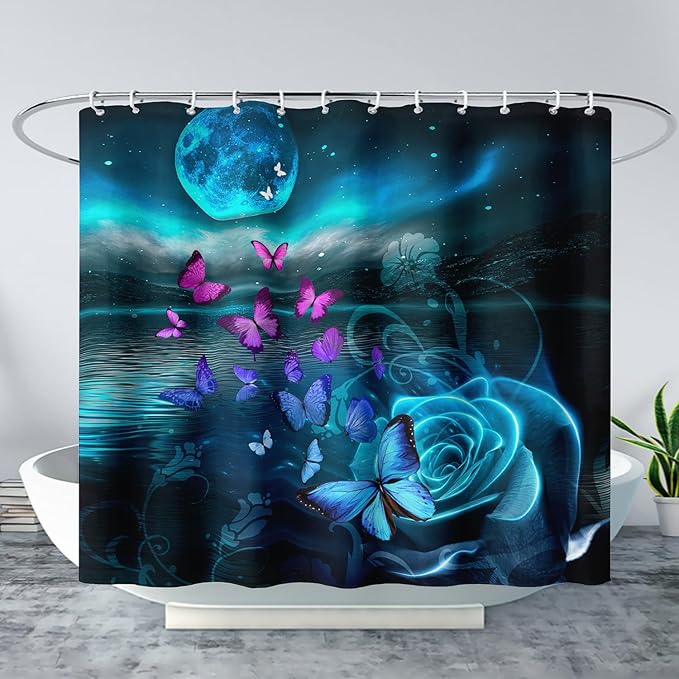 AILONEN Flying Butterfly Shower Curtain for Girls Women,Blue Sky Starry Ocean Sea Rose Bath Curtain 72" W*78" H Polyester Fabric Waterproof Bathroom Curtain with 12 Hooks
