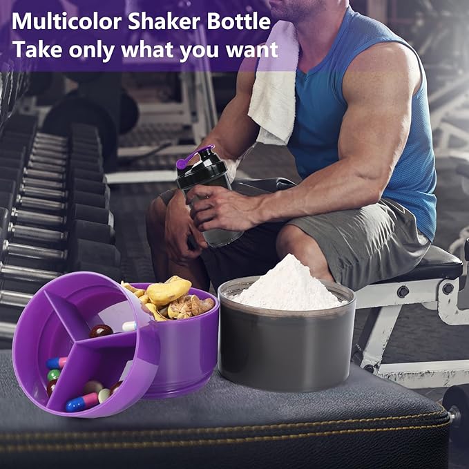 Shaker Bottle,Protein Shaker with Powder Storage Container 18oz, Leak Proof ,Gym Bottle Portable Pre Workout for Mix & Drink Shakes & Smoothies,Dishwasher Safe,Purple
