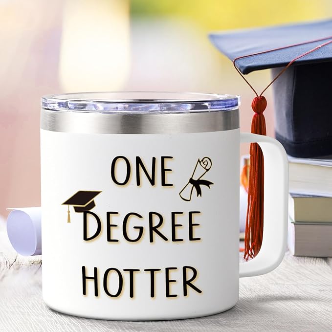 Lifecapido Graduation Gifts, One Degree Hotter 14oz Stainless Steel Coffee Mug with Handle, College Masters Degree Phd Graduation Gifts High School Graduation Gifts Christmas Gifts for Her Him (White)