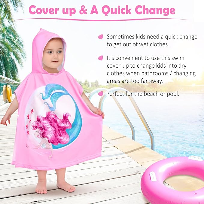 HUANLANG Kids Hooded Beach Towel for Boys Girls,Bath Pool Beach Poncho Towels Super Soft & Absorbent Cotton Towel Childrens Mermaid Beach Towels for Toddler 0-7 Years Old