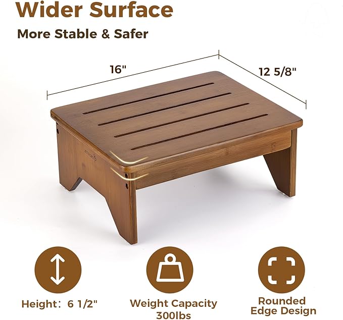 StrongTek Bamboo Step Stool for Adults, Bedside Step for High Beds, 300 Lbs Capacity, Non-Slip Bed Foot Stool with Rounded Edges, Small One Step Stool for Bathroom, Bedroom, Garden, Kitchen (Walnut)