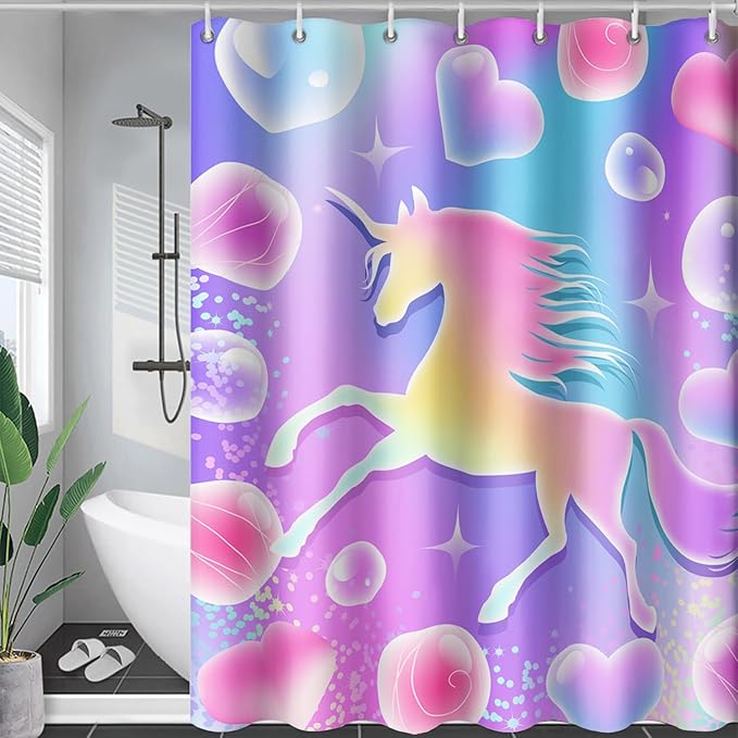 AILONEN Girls Unicorn Shower Curtain for Bathroom, Pink Hearts Rainbow Unicorn Bath Curtain,Cute Unicorn Kids Shower Curtain 72" W*72" H Polyester Waterproof Bathroom Curtain with 12 Hooks