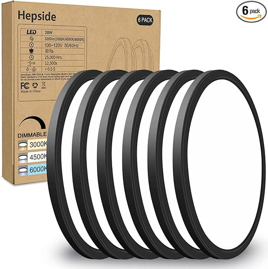 6PACK Flush Mount LED Ceiling Light Fixture Black, 12Inch 28Watt, Dimmable & 3000K-4500K-6000K 3 Color Selectable Ceiling Lamp 3200LM Low Profile Ceiling Light for Kitchen Bedroom Hallway Porch