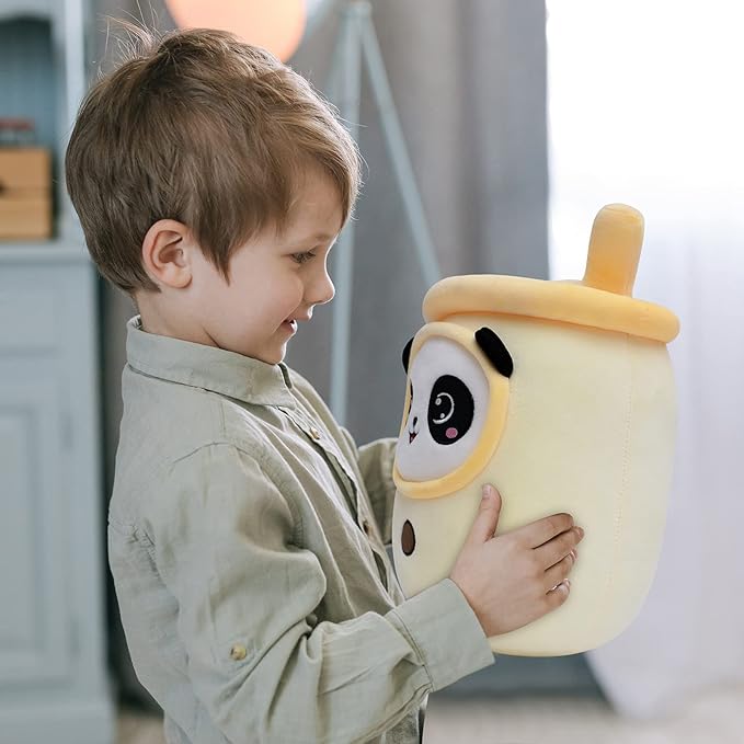 NiuniuDaddy Boba Plushies with Panda Face-13.7inches Large Yellow Cream Bubble Tea with Straw Stuffed Animals-Soft Kawaii Milk Tea Cup Plush Toy Pillow for Kids-Machine Washable,Medium