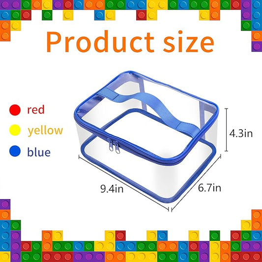6 Packs Clear Toy Storage Bags- 9.4 x 6.7 x 4.3 Inch Transparent PVC Toy Organizing Bags with Zipper- Waterproof Toy Storage Organizer Pouch for Building Blocks, Small Toys (Red, Blue, Yellow)