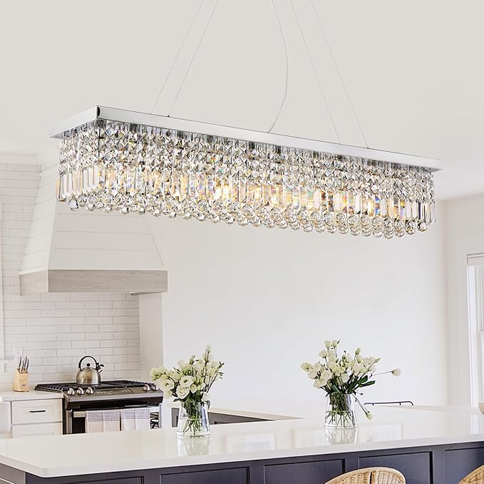 Siljoy 10-Light Modern Crystal Chandelier for Dining Room, Rectangular K9 Crystal Raindrop Chandelier, Rectangle Pendant Ceiling Light Fixture for Living Room Kitchen Island L47'' x W10'' x H10''