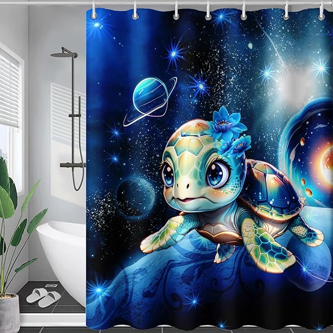 AILONEN 3D Sea Turtle Shower Curtain for Bathroom, Cute Turtle Blue Space Galaxy Bath Curtain,Kids Kawaii Ocean Turtle Decorative Watercolor Curtain with 12 Plastic Hooks for Boys Girls 72" W*96" H
