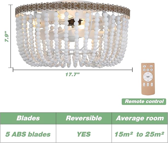 Boho Wood Beads Ceiling Fan with Light & Remote, 18" Coastal Fandelier Ceiling Fan with Light,Flush Mount Caged Ceiling Fan with 6 Speeds, Bohemian Fandelier Chandelier Fan for Bedroom/Kitchen/Nursery