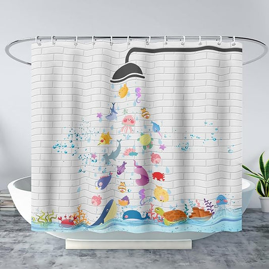 AILONEN Cute Fish Shower Curtain for Kids 72" W*84" H Inch,Raining Marine Animal Playing Water Shower Curtains,12 Pack Hooks Polyester Waterproof Fabric Decor for Bathroom Bathtub Panels
