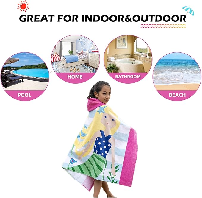 BANGSAUR Kids Hooded Beach Towels, Toddlers Girls Baby 3-12 Years Bath Pool Swiming Towel Wrap Pure Cotton Oversize Changing Robe Red Hair Mermaid