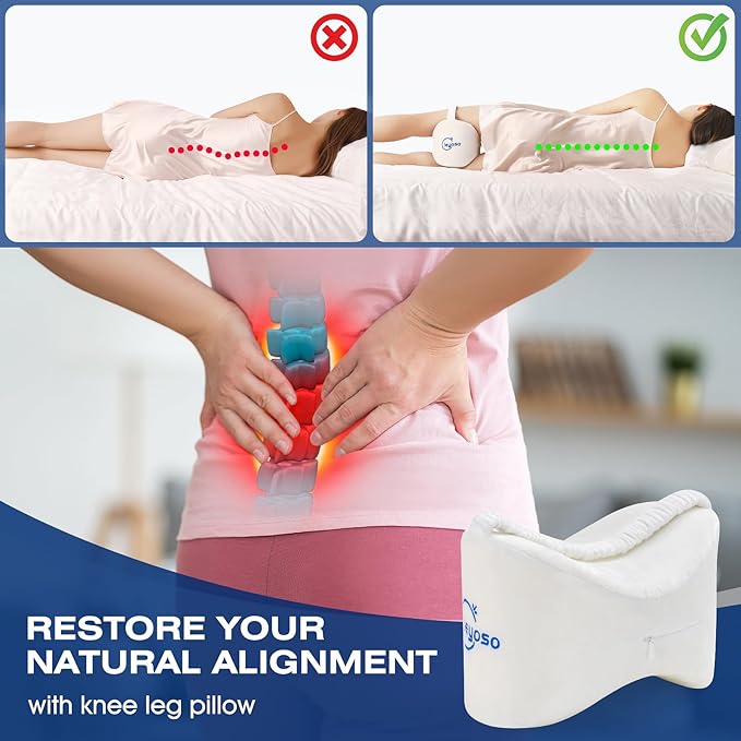 Knee Leg Pillow for Side Sleepers,Leg Pillow for Side Sleeping with Strap-100% Memory Foam Wedge Contour Spacer Cushion for Back,Hip Knee Pregnancy Sciatica Pain Relief Free Sleep Mask Ear Plugs White