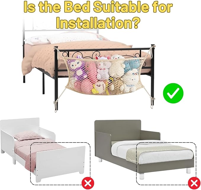 Stuffed Animal Storage Net for Kids, Bedside Toy Organizer Net - Neatly Store Your Stuffed Animals, Cotton Bedside Stuffed Animal Storage Net with Tether, Stretches up to 32 Inches, Beige