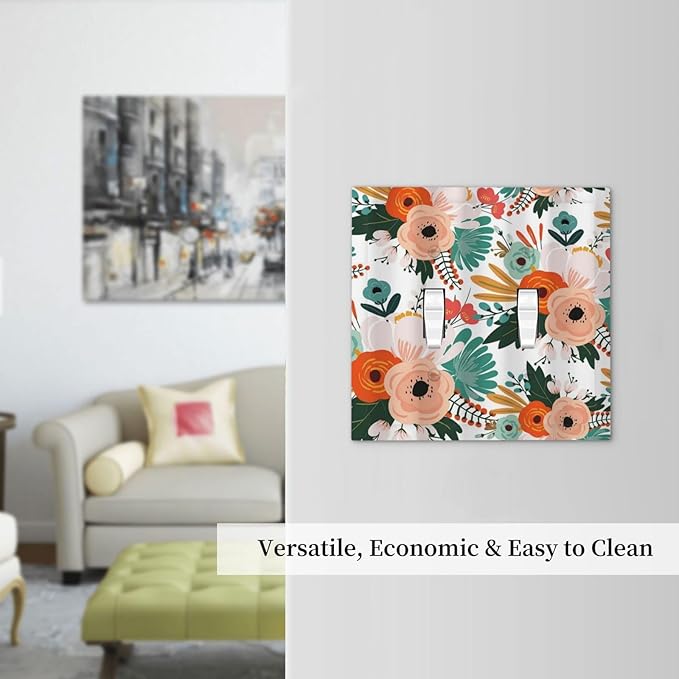 Rustic Floral Boho Colorful Flower Double Toggle Light Switch Covers 2 Gang Wall Plate Dual Decorative Switchplate Electrical Faceplate for Farmhouse Bathroom Bedroom Kitchen Decor