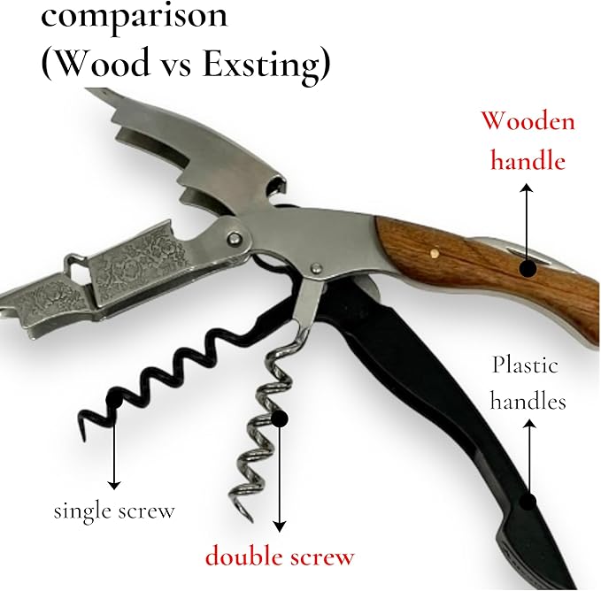 Professional Wood Grapevine Pattern Sommelier Knife With Camel Leather Wine Keyring with Ergonomic Wood Grip, Beer Bottle Opener Foil Cutter Waiters Corkscrew Wine Opener