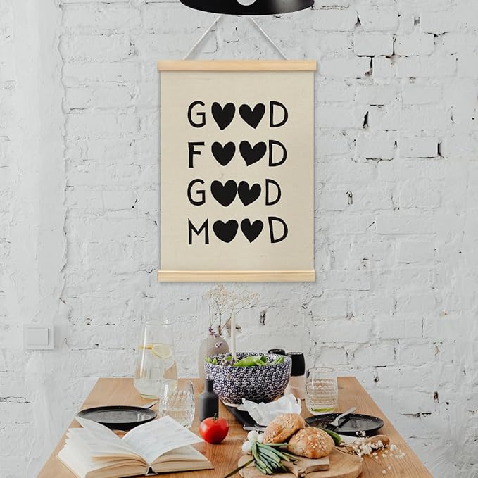 BIWSHA Good Food Good Mood Canvas Poster Framed Hanger 12x16 Inch,Funny Black Heart Kitchen Quotes Decor,Funny Words Poster,Kitchen Dining Room Decor