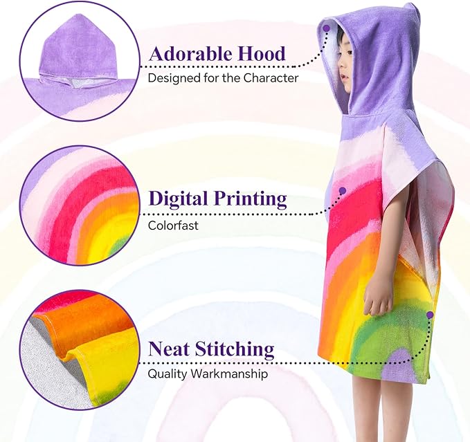 Rainbow Bath Beach Poncho Towel with Hood for Kids Boys and Girls for Shower, Pool, Swim,Beach, Super Soft 100% Cotton Towel