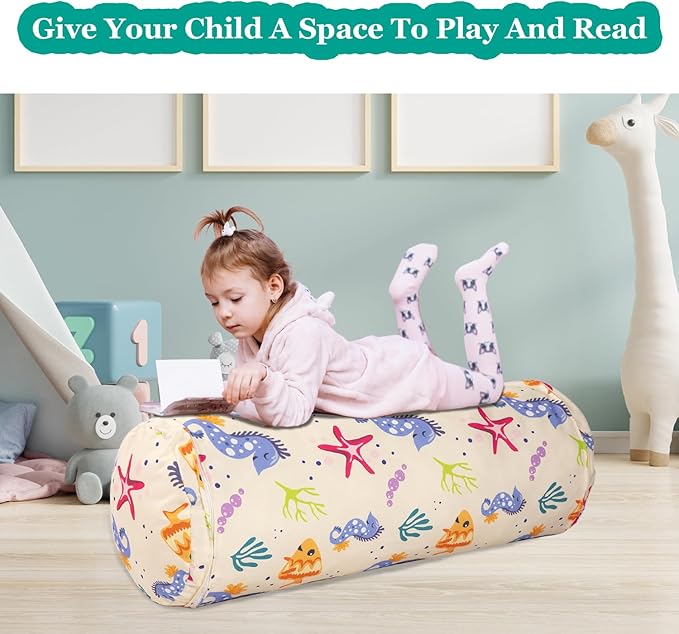Stuffed Animal Bean Bag Storage Chair for Kids Cover Only (No Filler), Organize, Sit, Play & Boxing, 100% Cotton Canvas Washable, Ultra Soft Cylinder Long Vertical Zipper Best Gift for Child