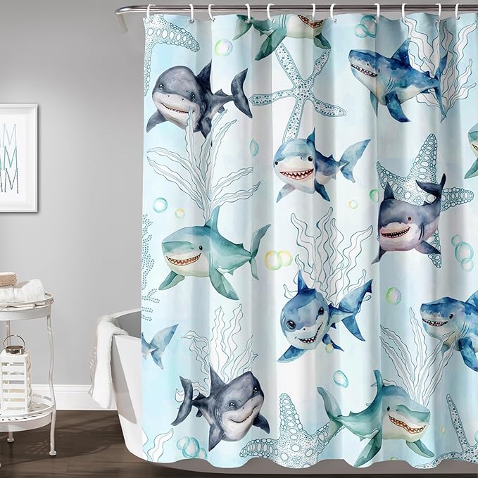 AILONEN Shark Shower Curtain for Bathroom, Cute Shark Bathroom Curtain,Blue Tie Dye Ocean Theme Bath Curtain 48" W*72" H Polyester Waterproof Children Boys Bathroom Curtain with 12 Hooks