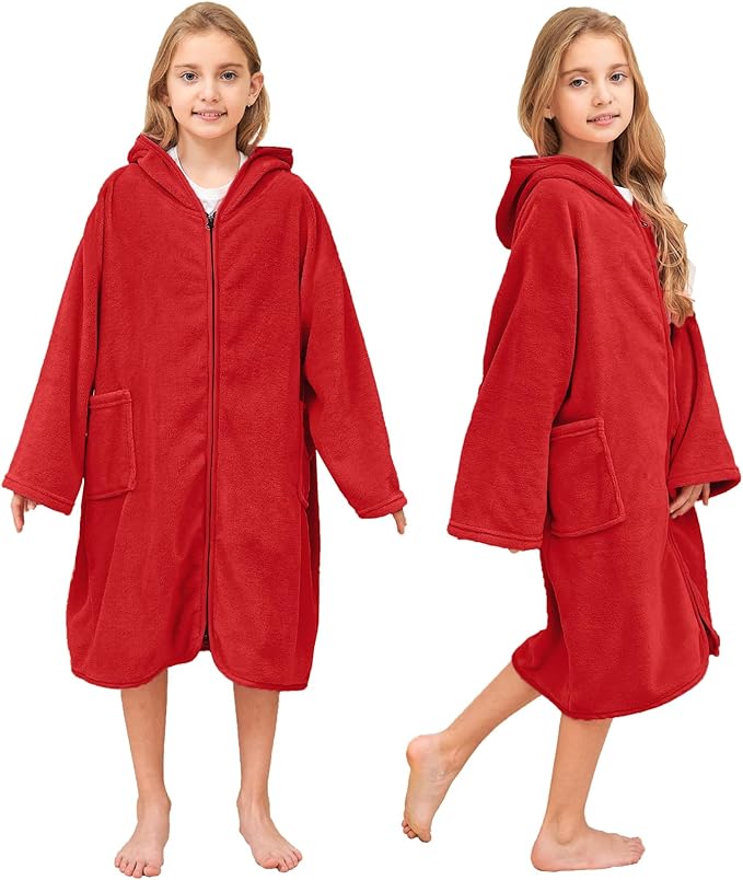 Hiturbo Kids Bath Towel Hoodie: Soft Plush Zipper Surf Poncho - Warm Fleece Changing Towels Swimming Outerwear (Red)