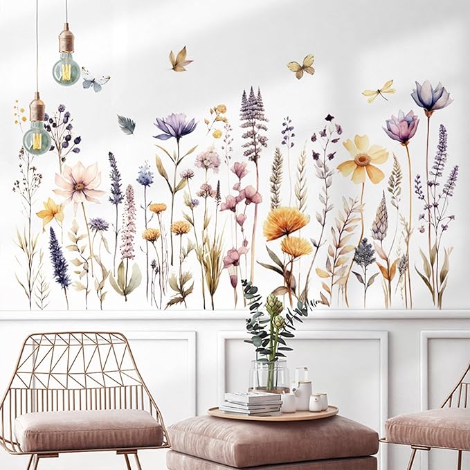 Flowers Wall Decals Wall Decor Vinyl Stickers, Wildflower Dandelion Grass Wall Art Murals, 3D Flower Pattern Self-Adhesive Wall Stickers for Girls Bedroom Living Room Nursery Decor