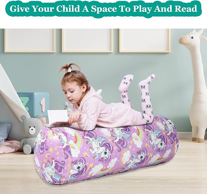Stuffed Animal Bean Bag Storage Chair for Kids Cover Only (No Filler), Organize, Sit, Play & Boxing, 100% Cotton Canvas Washable, Ultra Soft Cylinder Long Vertical Zipper Best Gift for Child