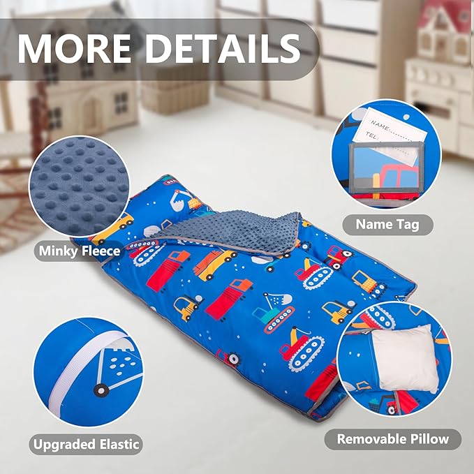 Nap Mat- Toddler Nap Mat with Pillow & Fleece Blanket- 55''*23''*2'' Nap Mat for Toddlers- Nap Mats for Preschool, Daycare(Rubber Band Style Blue Excavator)