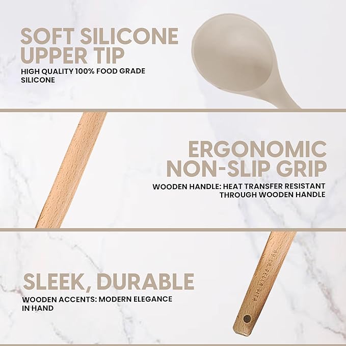 Silicone Utensil Set, 12 PCS Wooden Handle Nontoxic BPA Free 100% Food Grade Silicone Spoon Spatula Ladle Turner Tongs Kitchen Gadgets Utensil Set for Nonstick Cookware (Khaki)